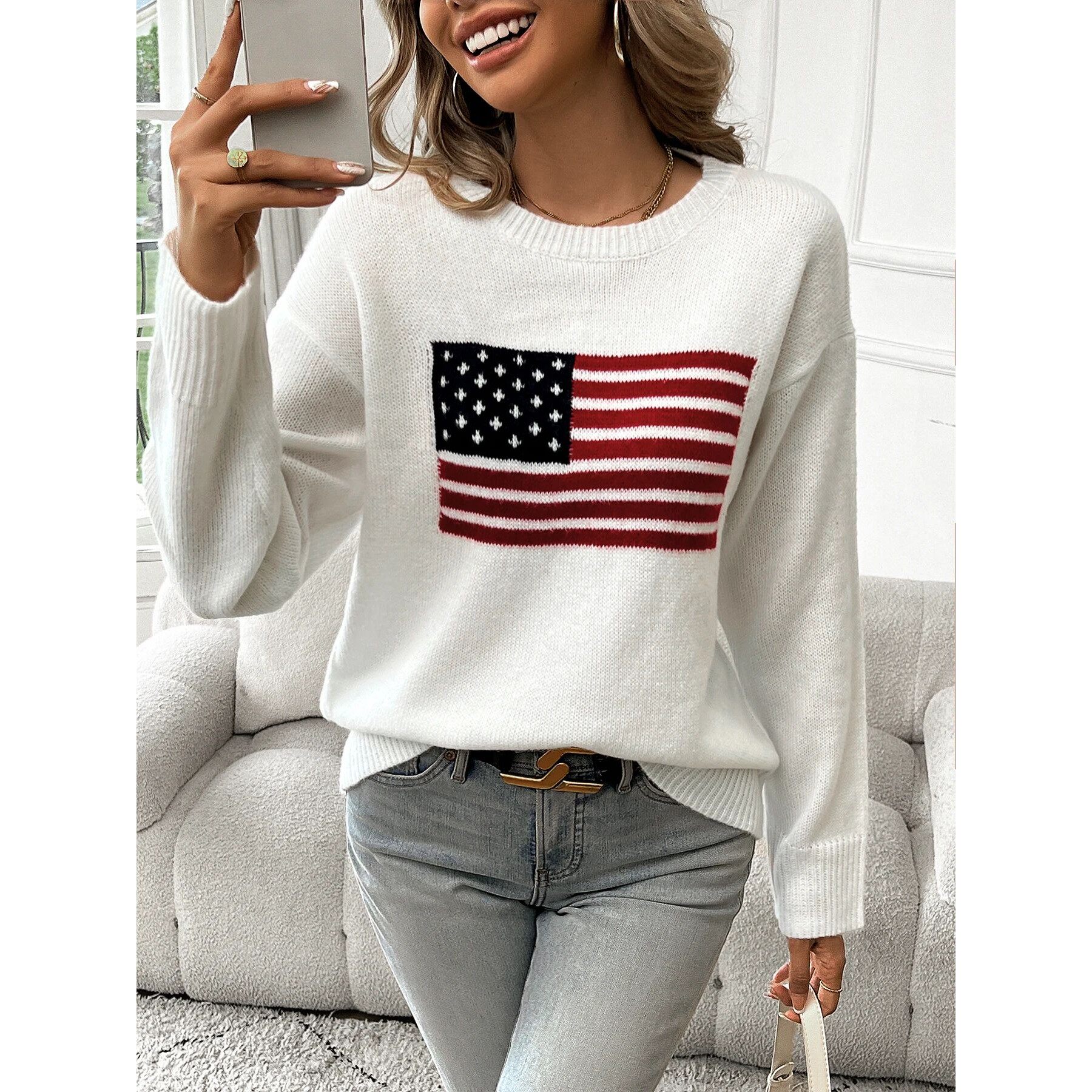 American Flag Crew Neck Long Sleeve Pullover Women's Sweater