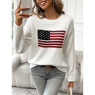 American Flag Crew Neck Long Sleeve Pullover Women's Sweater