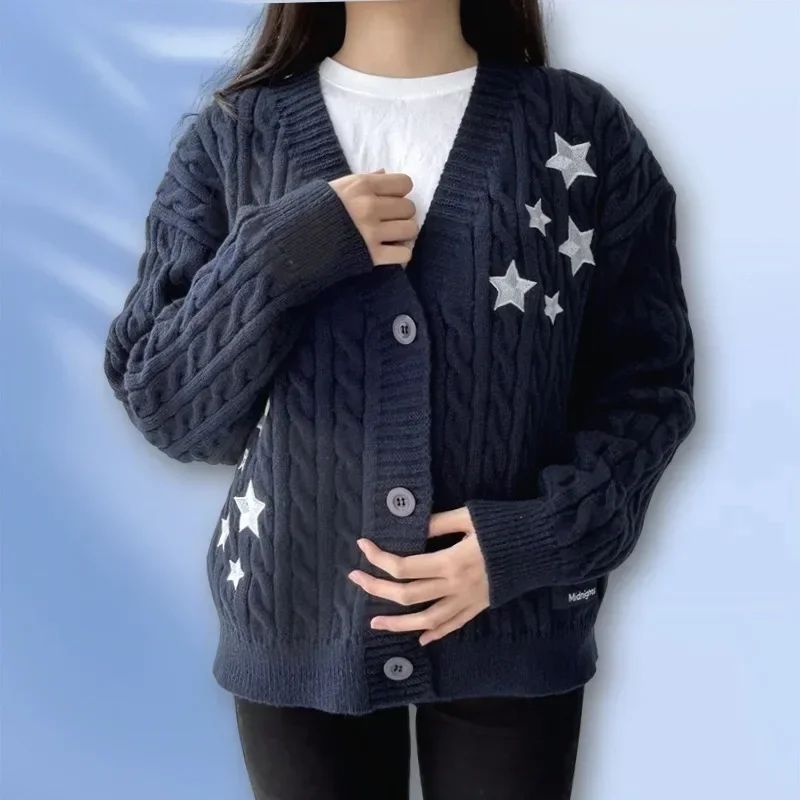 Winter Midnight Navy Blue Knitted Cardigans Women Spring Y2k