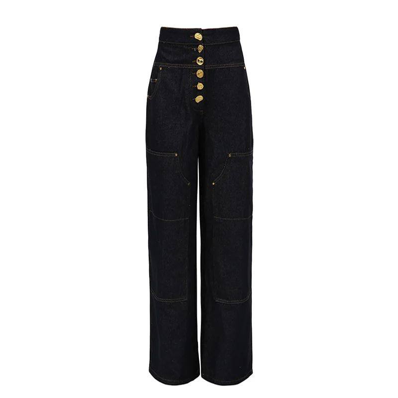 Women's Autumn Jeans Wide Leg Button High Waist Line Vintage