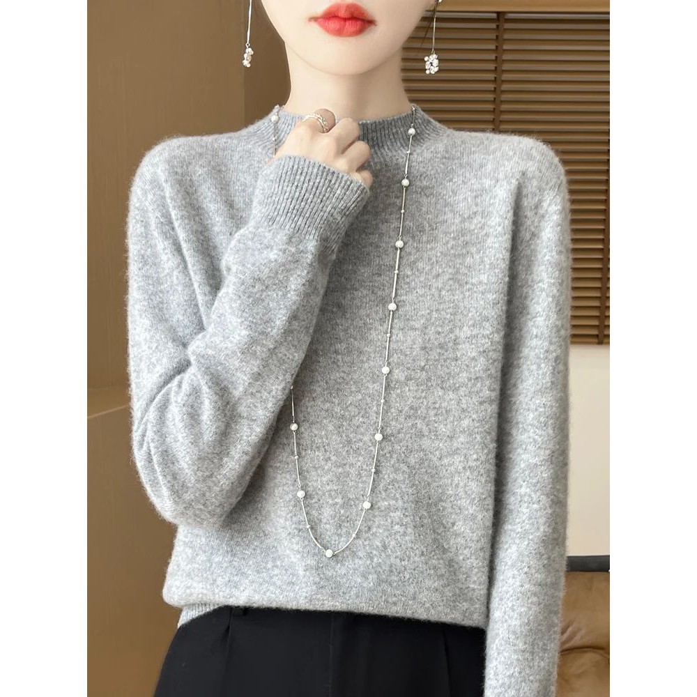 Fashion 100% Wool Sweater Women's Mock-Neck Knitwear Cashmer