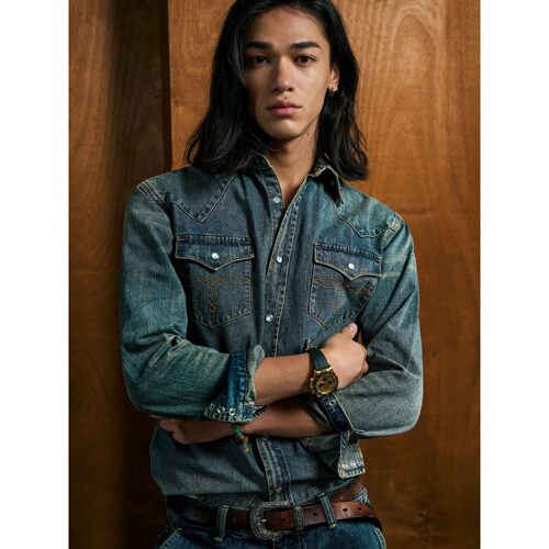 Aged Washed Slim Fit Western Denim Earless Long Sleeve Shirt