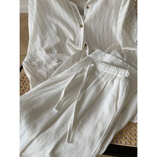 White Cotton and Linen Wide-leg Pants Women's Summer Thin El