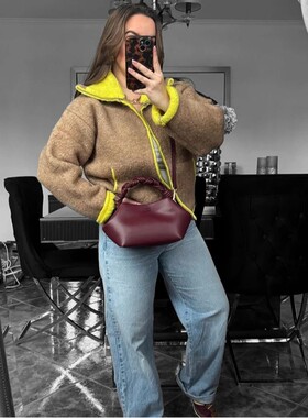 Women Color-blocking Knitted Cardigan Casual Stand Collar Zi