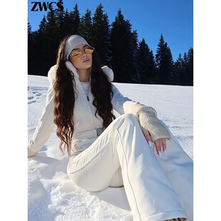 Jumpsuits Women Windproof Zipper Skiing Warm Pleate Hooded