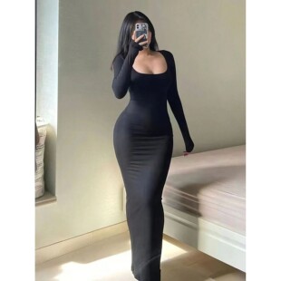 Long Sleeve Basic Minimali Chic Solid Dress Women Bodycon