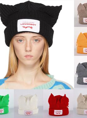 2024 Loverboy Cat Ear Knit Hat solid Warm Pig Ear Woolen Hat
