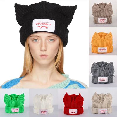 2024 Loverboy Cat Ear Knit Hat solid Warm Pig Ear Woolen Hat