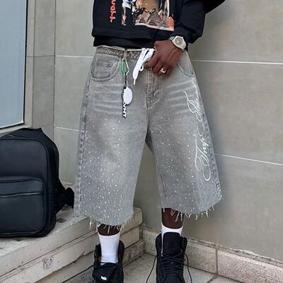 Men's Summer Casual Denim Shorts Knee Length Trendy Letter E