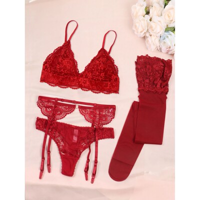 Varsbaby Lace Bra Sets for Women Non-padded Bra Panty Garter