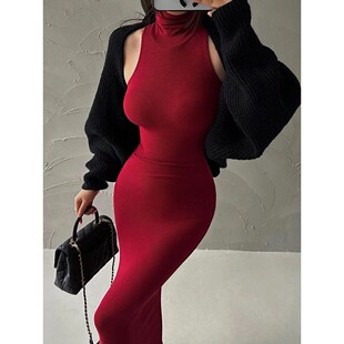Turtleneck Midi Party Skinny Evening Sexy Women Red Dress