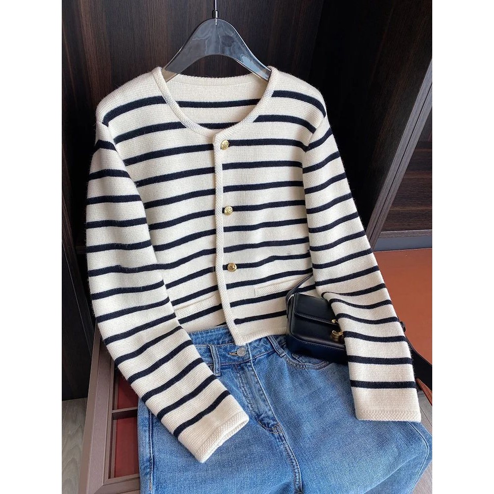 Stripe Knitted Cardigan Women Spring Autumn O-neck Single Br