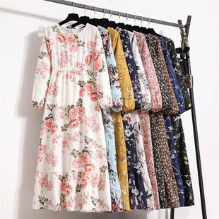 Spring Summer Women Maxi Dresses Casual Full Sleeve Floral P