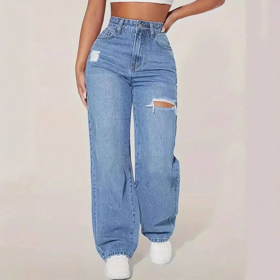 Mom Jeans Women Denim Pant Wide Leg Long Pants Hole High Wai图片