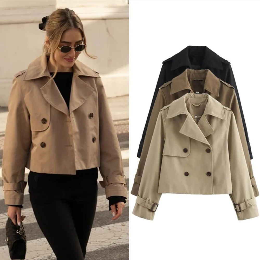 Ladies Vintage Cropped Trench Spring Autumn Jacket Women Str