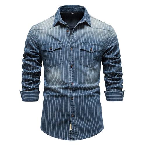 AIOPESON Cotton Men Denim Shirts Striped Stretch Long Sleeve