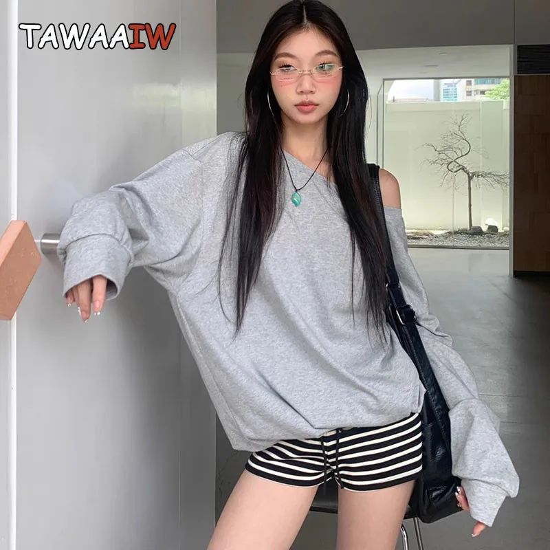 Tawaaiw Casual Off Shoulder Y2k Hoodie Solid Loose Long Slee