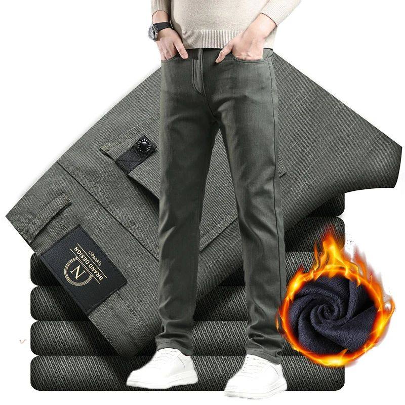 Winter New 2025 Fleece Pants Men's Thick Slim Elastic Busine