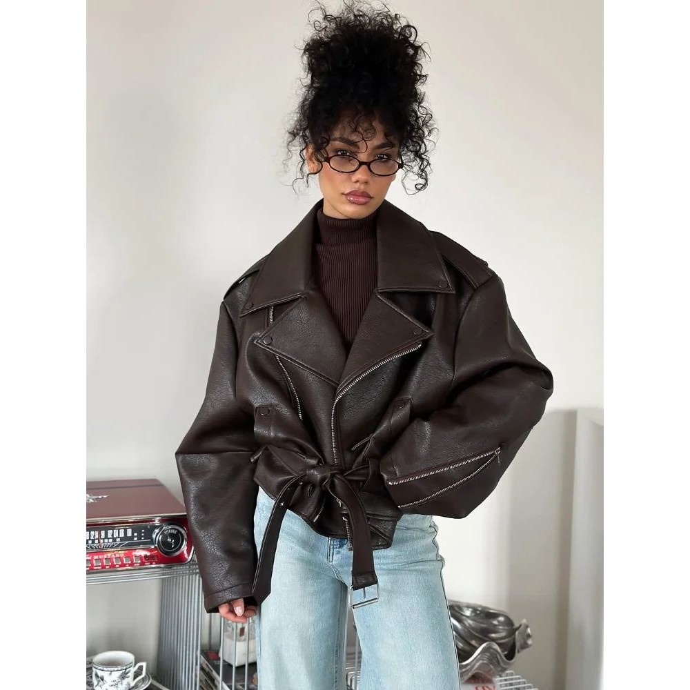Casual Black Leather Lace Up Short Jacket Women Long Sleeve图片