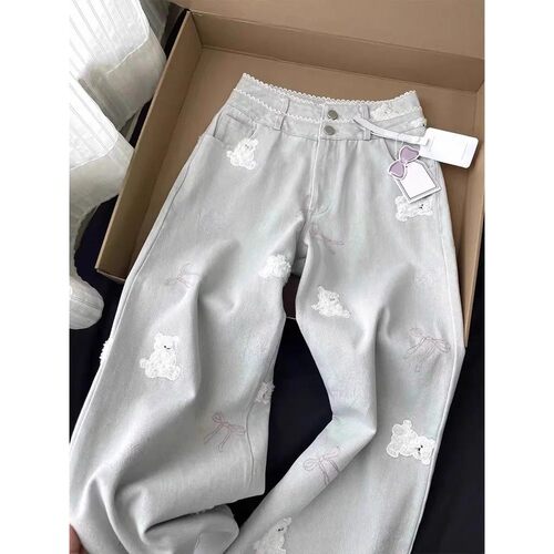 Vintage Women Jeans Streetwear Bear Embroidery Y2k Wide Leg