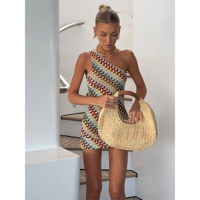 Irregular Printed Knitted Mini Dress For Women Chic Backless