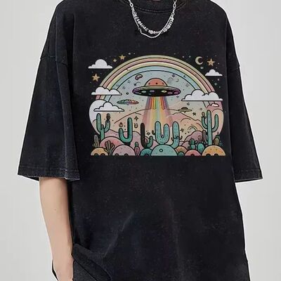 Vintage Washed Neutral Style T-Shirt Color Rainbow Ufo Graph