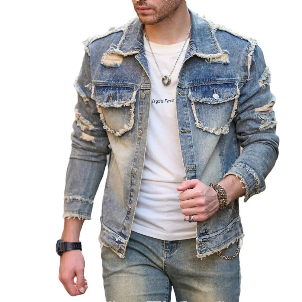Street Stylish Retro Style Holes Slim Street Denim Jacket Co