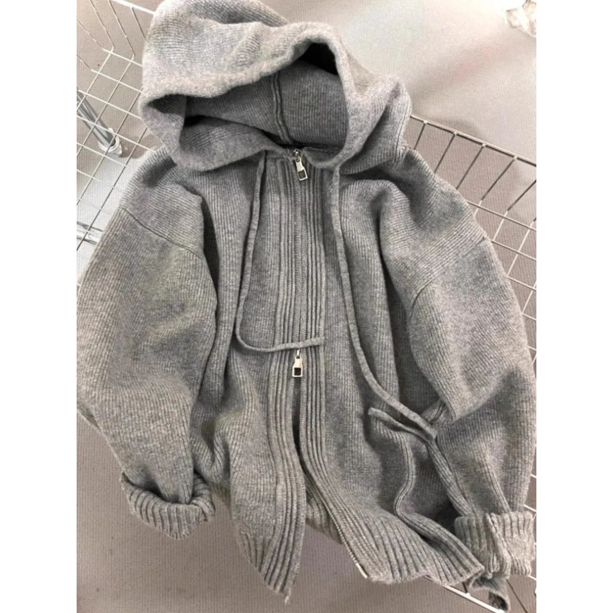 Gray Hooded Sweater Coat Women Spring Autumn Double Zipper L