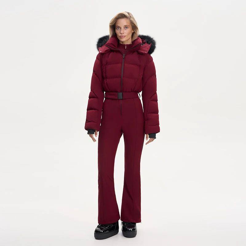Women's Hooded Belted Ski Jacket Pure Color Cute Warm Skiwea
