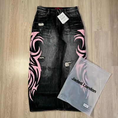 Y2K Pink Baggy Jeans Vintage Printing Pattern Washed Ripped