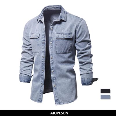 AIOPESON 100% Cotton Denim Shirts Men Casual Solid Color Thi