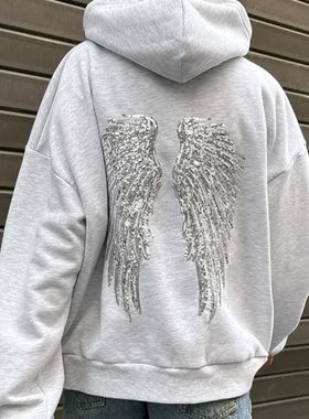 Women's Shinny Sequin Angel Wings Hooded Jacket Pant Long Sl