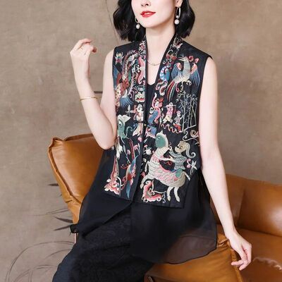 Vintage Chinese Style Vests Jacket Stitched Mesh Embroidered