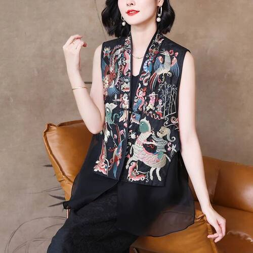 Vintage Chinese Style Vests Jacket Stitched Mesh Embroidered