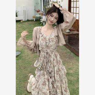 裙夏季 法式 女套装 荷叶边飘逸吊带裙 碎花连衣裙显瘦温柔长裙 开衫
