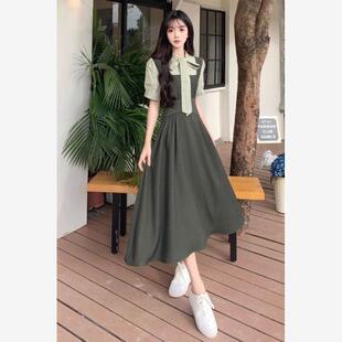 学院风文艺甜美假两件绑带连衣裙女夏季 法式 韩系高级感收腰A字裙