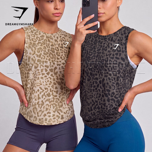 GYM豹纹女子背心运动健身综合训练服Crossfit透气凉感不规则罩衫