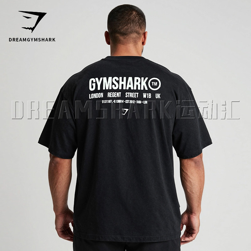 GYM肌肉鲨鱼伦敦店限定款短袖 宽松T恤纯棉硬拉深蹲健身运动上衣图片
