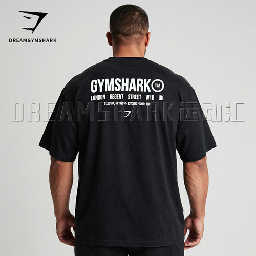 GYM肌肉鲨鱼伦敦店限定款短袖 宽松T恤纯棉硬拉深蹲健身运动上衣