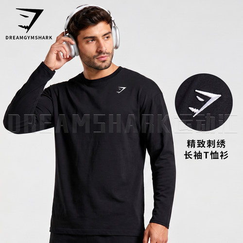 GYM肌肉鲨鱼刺绣标运动圆领长袖CF综合训练深蹲秋冬男士健身服T恤