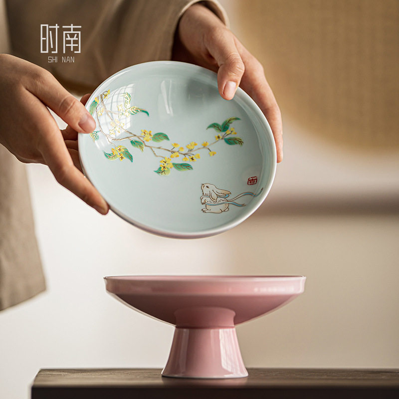 中式玉兔高脚盘中秋月饼高足盘禅意复古点心盘陶瓷小吃糕点盘子