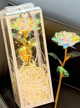 新款七彩炫光玫瑰花束仿真永生花装饰摆件拍照道具生日礼物送女友