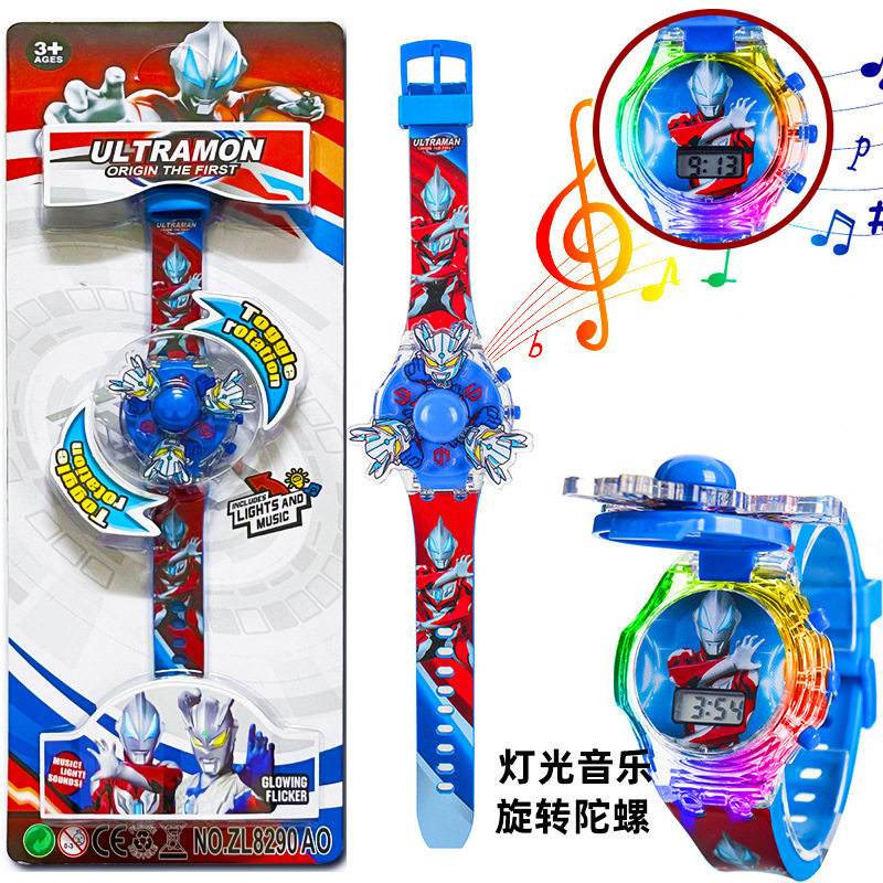 精品好质量儿童卡通音乐手表七彩发光旋转陀螺电子手表玩具礼品