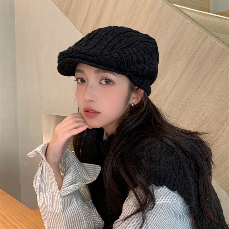 秋冬季针织毛线英伦复古风百搭前进帽子女护耳保暖毛绒绒贝雷帽潮