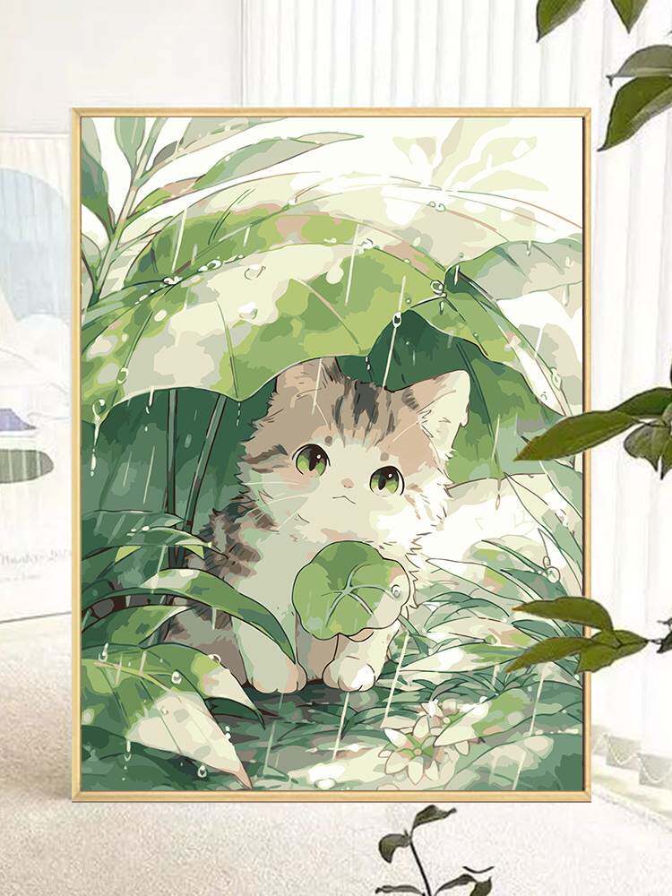 手工装饰画雨中猫咪填充涂色手绘可爱丙烯油彩画装饰