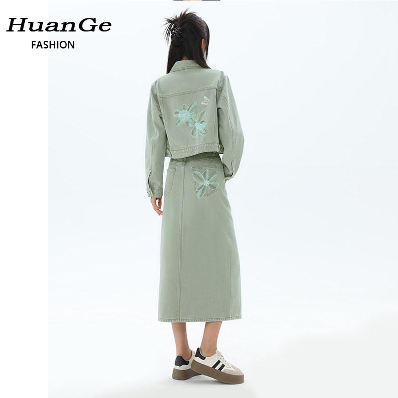 军绿色牛仔套装半身裙女秋季图片