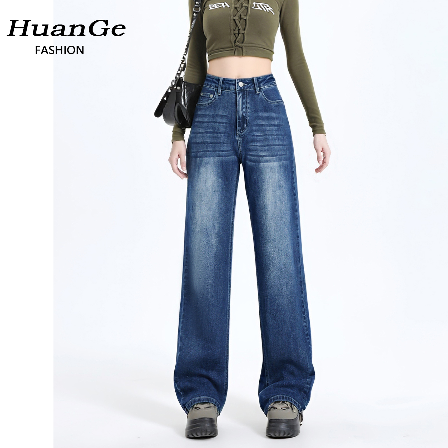 高街窄版直筒裤加绒牛仔裤女