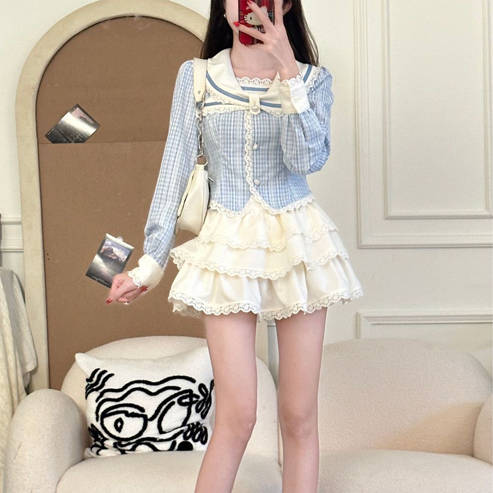 【云端少女】美式复古学院风蓝白初春温柔绝美收腰显瘦JK制服套装
