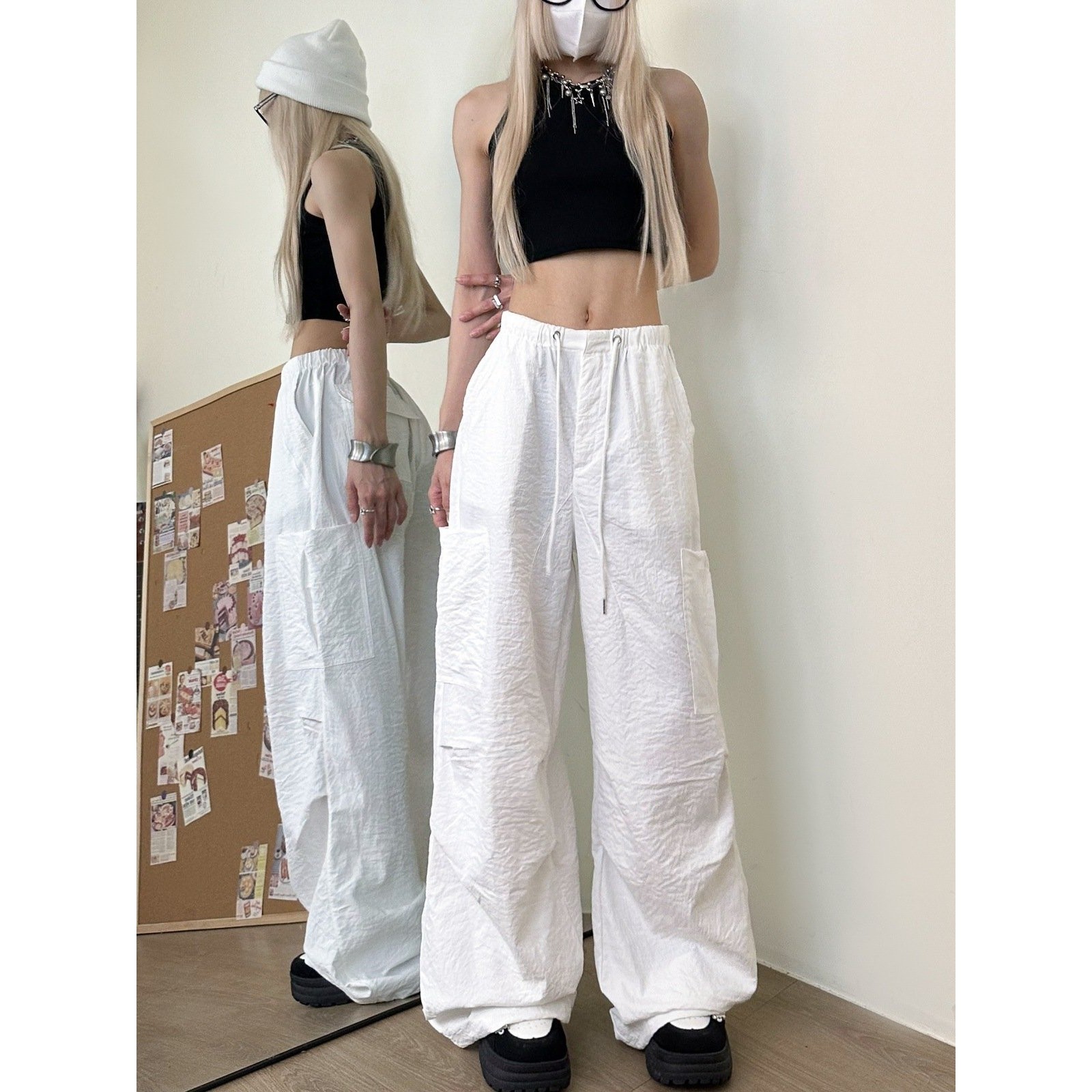 hiphop美式抽绳降落伞裤工装裤女宽松高腰显瘦阔腿爵士跳舞裤春秋,男装,休闲裤,淘宝优惠券,粉丝福利购,淘宝优惠卷