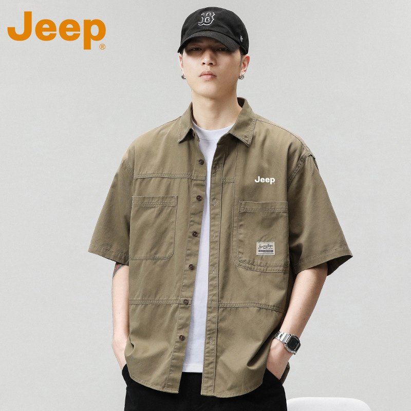 JEEP吉普美式重磅工装短袖衬衫男款夏季翻领休闲男生五分袖衬衣服